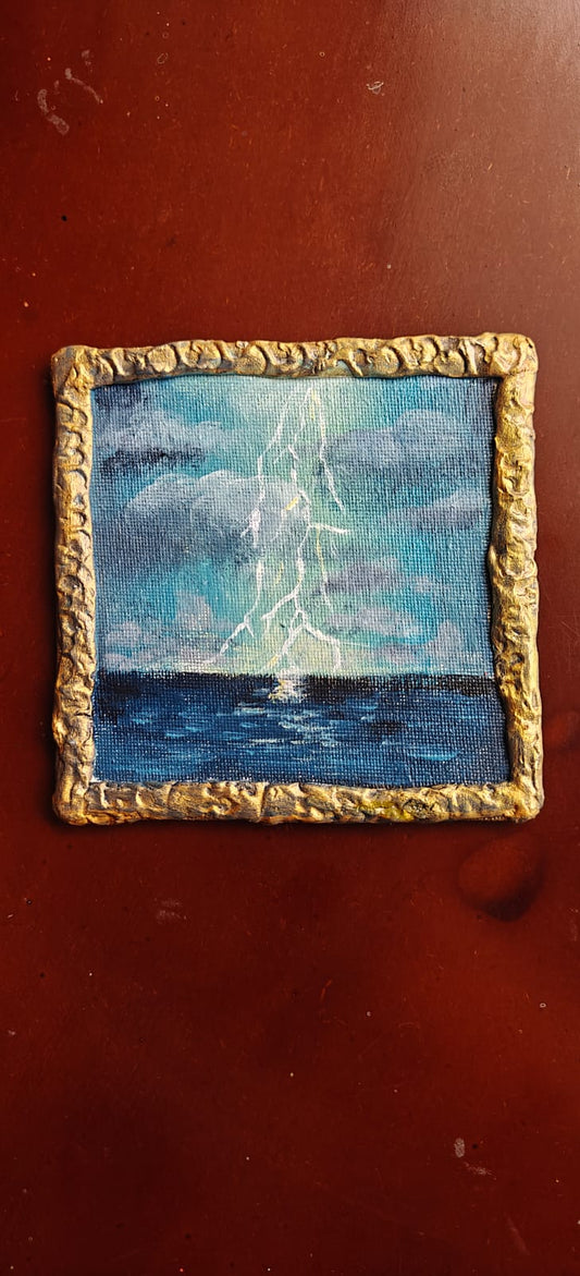 Relic Painting- Mini Acrylic Painting- Lightning Seascape