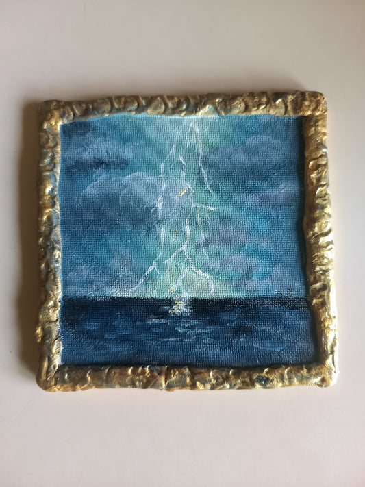 Relic Painting- Mini Acrylic Painting- Lightning Seascape